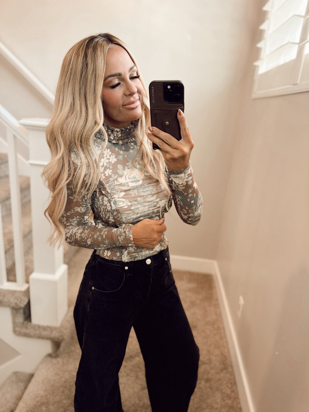 Brown floral mesh top