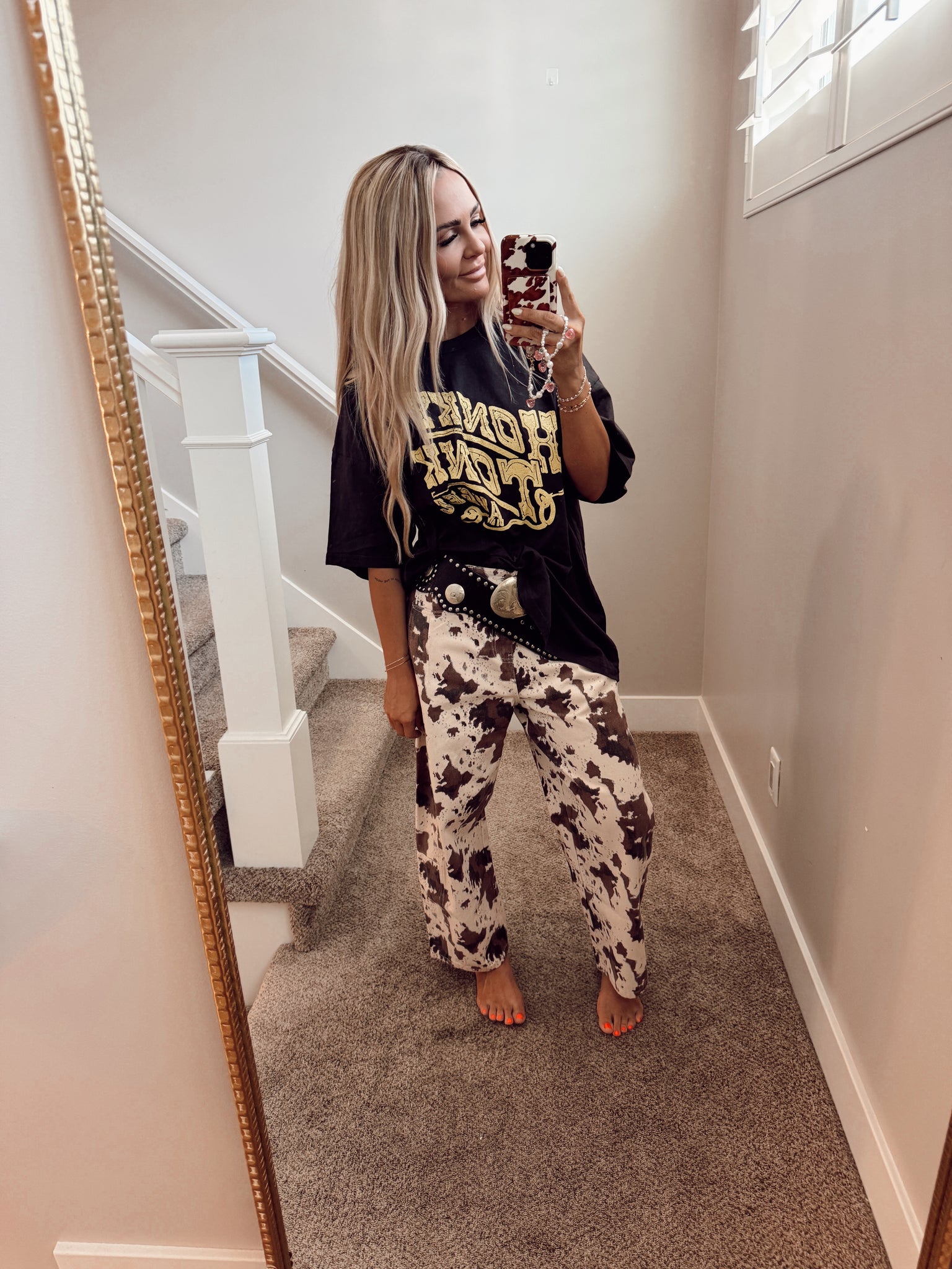 Cow print denim