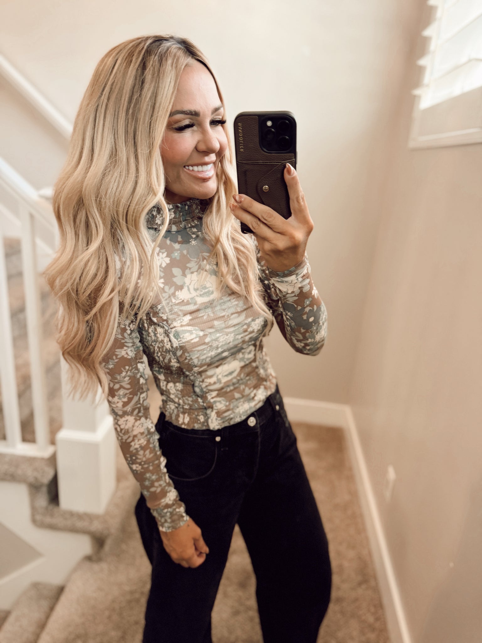 Brown floral mesh top